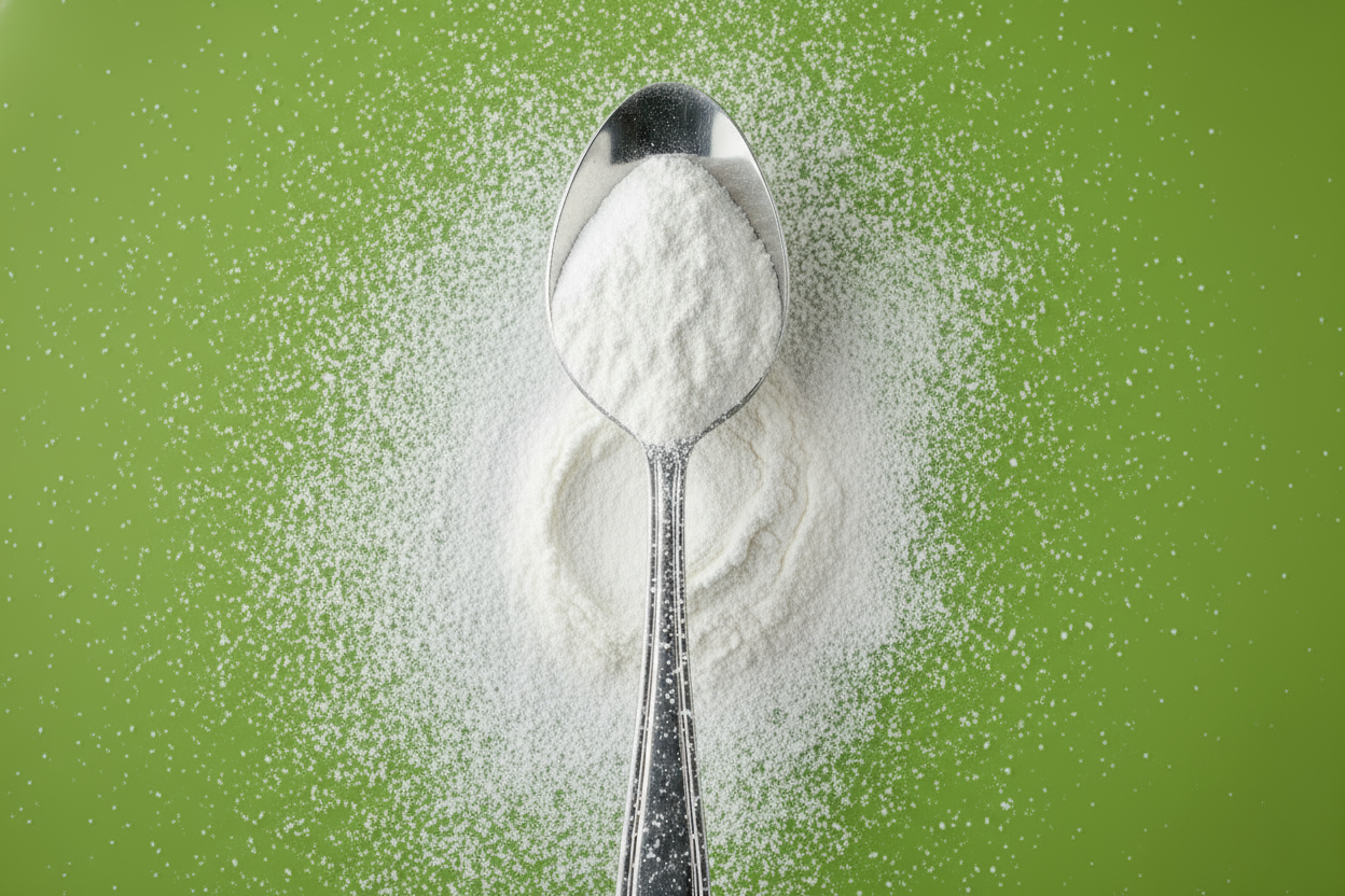 Round spoon with powder on background